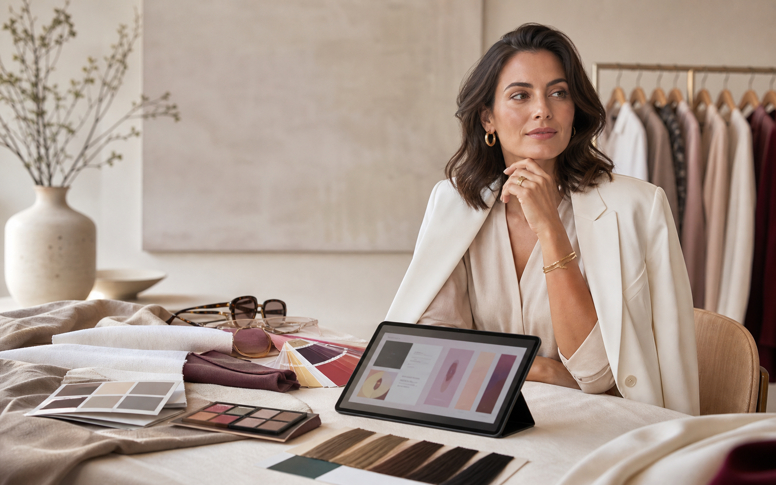 Editorial portrait with color, hair, makeup, eyewear, and outfit styling direction